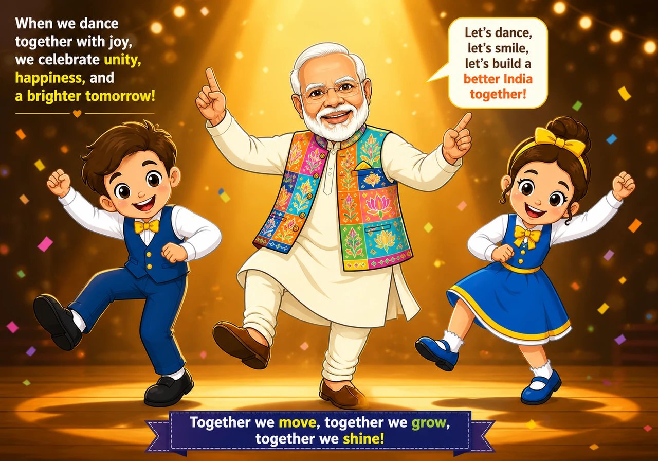 Stepping forward into the golden spotlight, Narendra lifts his arms and catches the rhythm with natural ease. His festive jacket catches the warm ligh