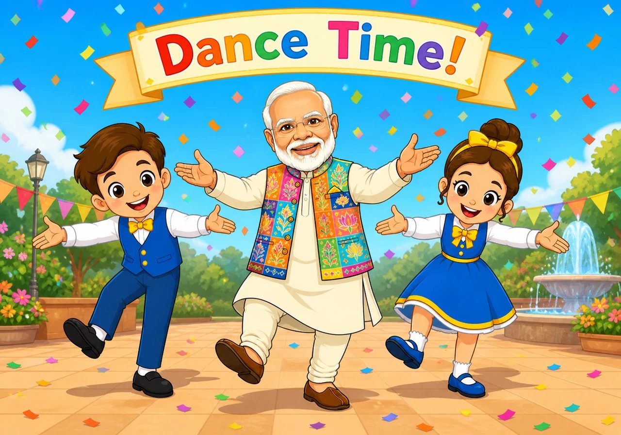 Side by side, the trio performs a synchronized dance move beneath a cheerful shower of sparkling confetti. The assistants laugh in delight as Narendra