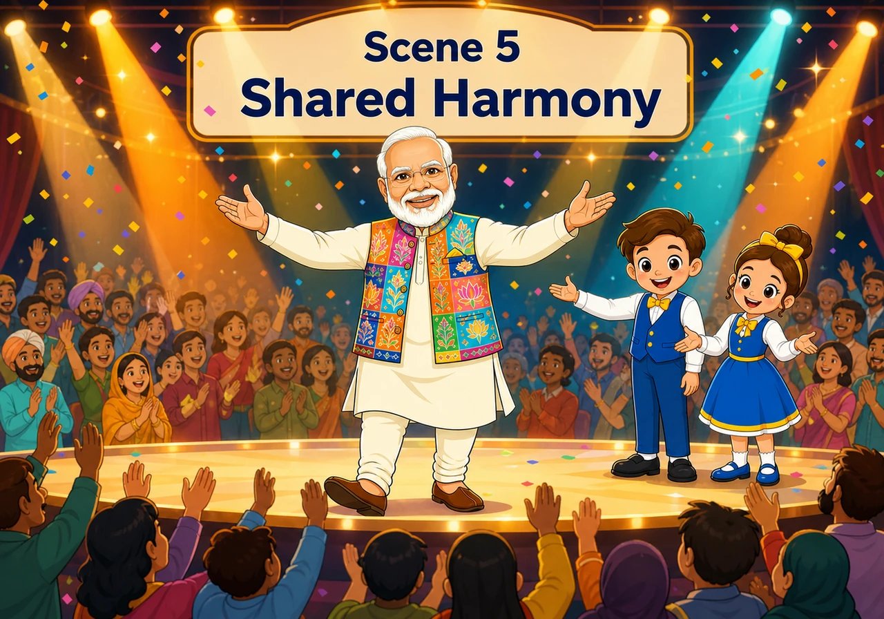 Spotlights sweep across the stage in brilliant hues of saffron, teal, and gold as the music reaches its triumphant peak. Narendra opens his arms wide