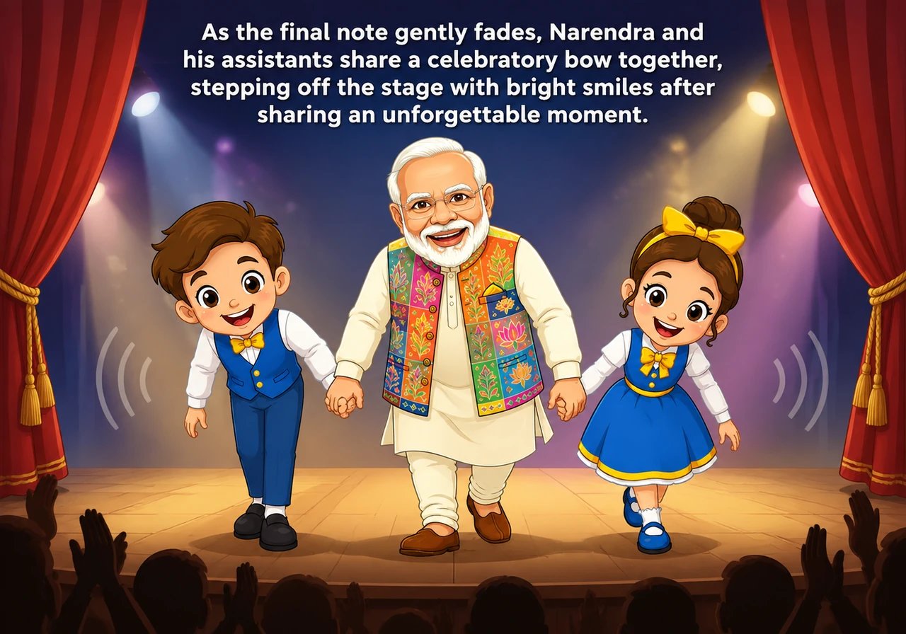 As the final note gently fades into soft applause, Narendra and his two assistants take a graceful bow together. Hand in hand, they step off the stage