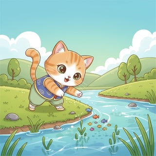 一直小猫在河边抓鱼，结果跟鳄鱼打了起来