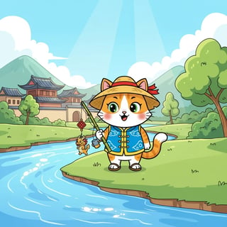 一只猫在河边抓鱼结果钓到了一只龙王