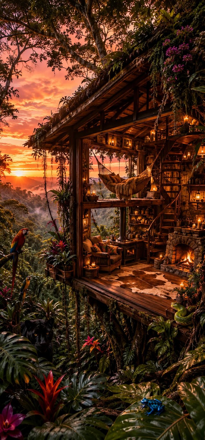 Tropical treehouse iPhone wallpaper - AI wallpaper example 6